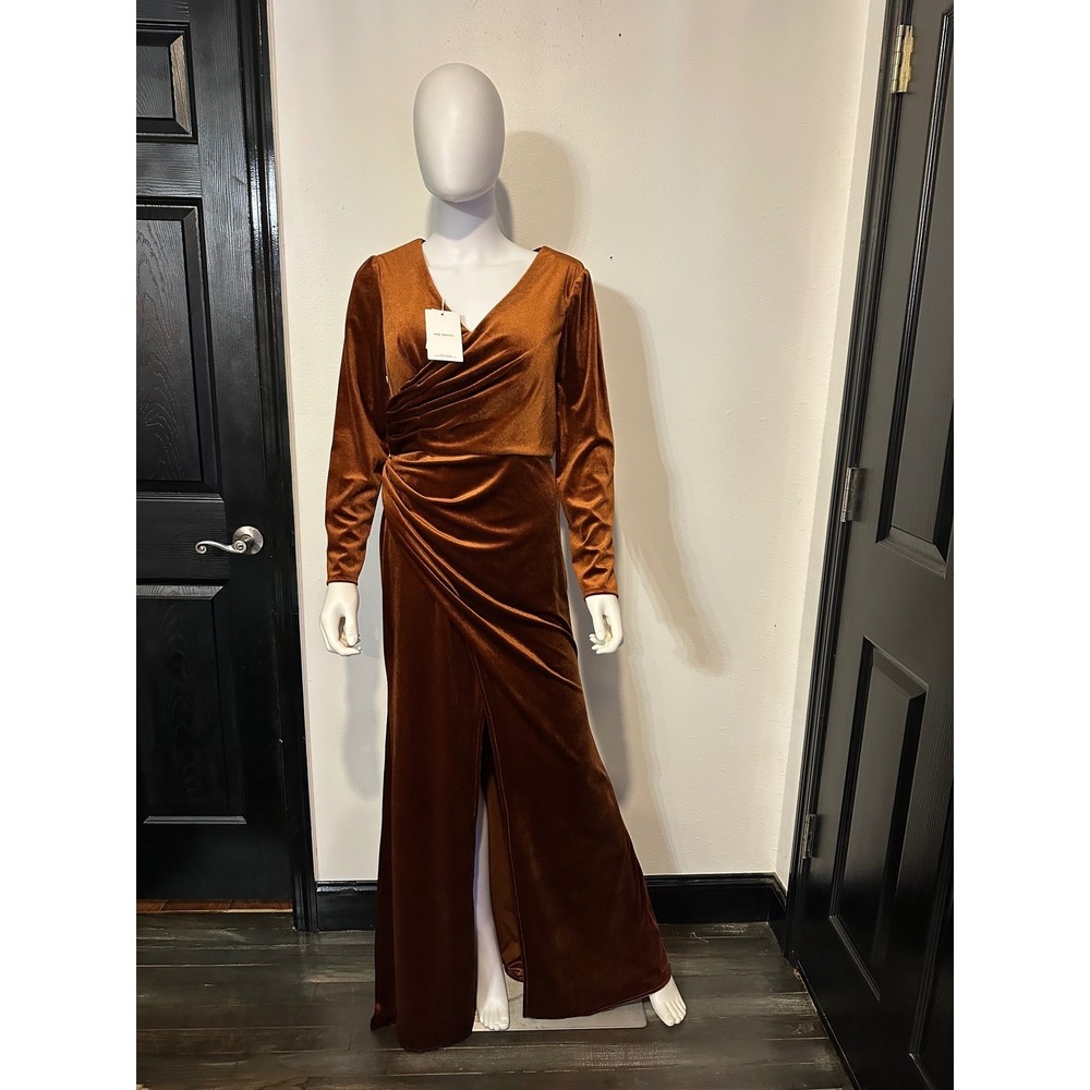 Velvet Faux Wrap Maxi Dress Rust Brown Long Sleeve V-Neck Formal Gown Slit NEW